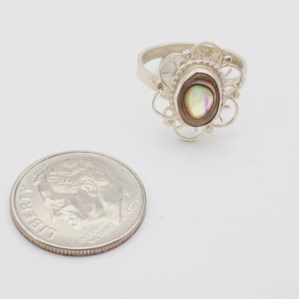 Vintage Mexico Sterling Silver 925 Abalone Stone Shell Filagree Oval Ring